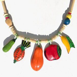 Vintage Wooden Tropical Fruit Necklace colorful hand painted carved wood beads